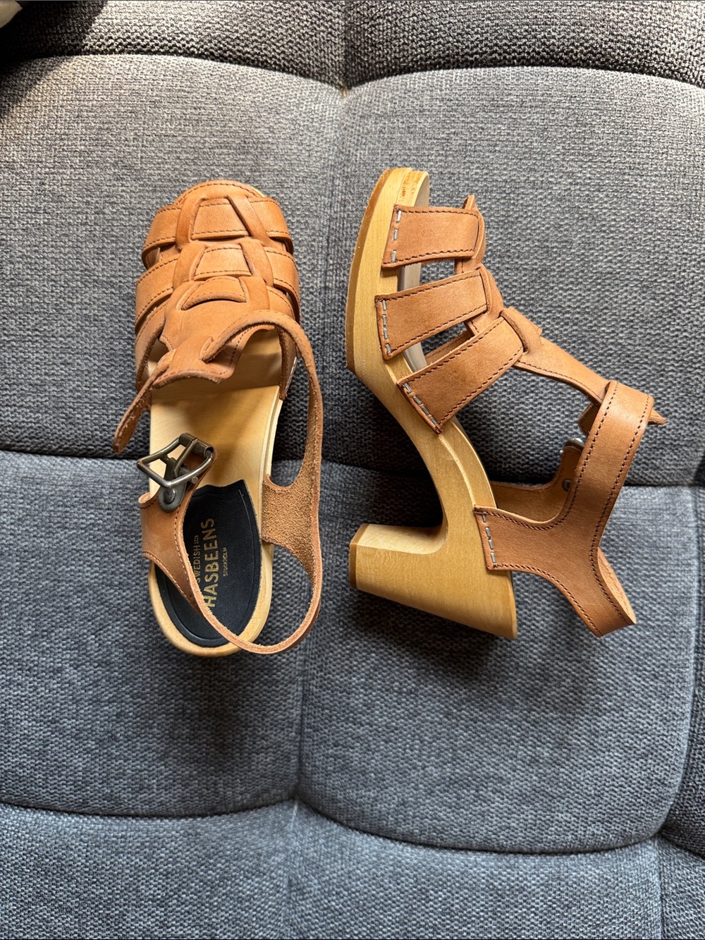 NWOT Swedish Hasbeens Cognac/Tan Leather Fisherman Sandals sz36